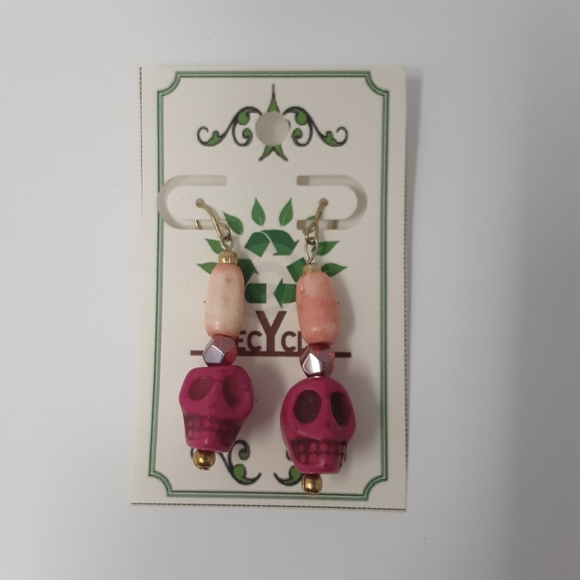 Handmade Pink Skull Earrings With Repurposed Beads - Picture 3 of 8